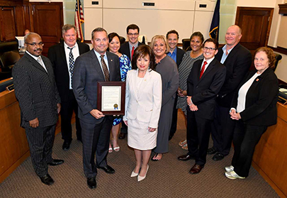 Lon Horwedel UA Director of Education and Training Chris Haslinger, Local 190 Business Manager Kevin Groeb, Washtenaw Community College President Dr. Rose B. Bellanca and WCCVB President and CEO Mary Kerr pose with the Washtenaw County Board of Commissioners during an August 2 meeting.