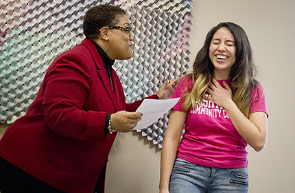 Dr. Kimberly Hurns (left) congratulates Maria Paula Salazar earning the Jack Kent Cooke Foundation Undergraduate Transfer Scholarship