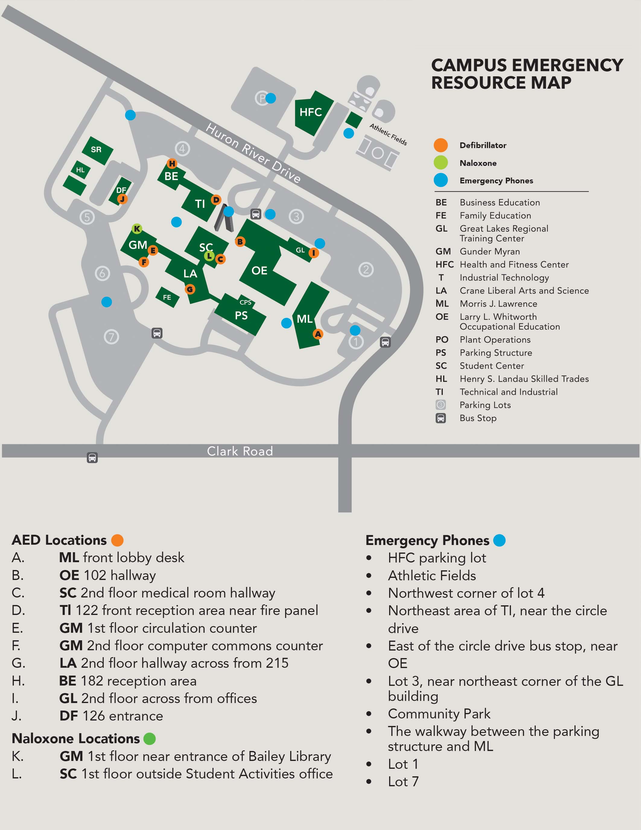 A map of AED, Naloxone, and emergency phones